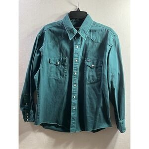 VTG Wrangler Shirt Pearl Snap X-Long Tails Long 17/35 Cowboy Cut Firm Finish Gre